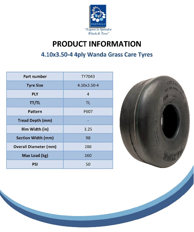 4.10/3.50-4 Smooth Lawnmower Slick Tyre 4ply Tubeless Journey P607 Pattern 160kg_3