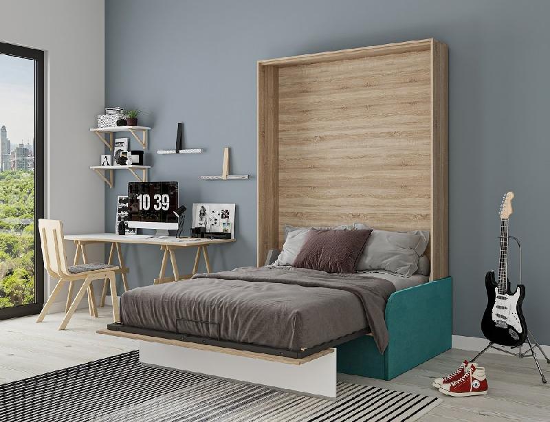 Armoire lit escamotable Bermudes Sofa - Chêne bandeau blanc - Canapé bleu - Couchage 140x200 cm_3