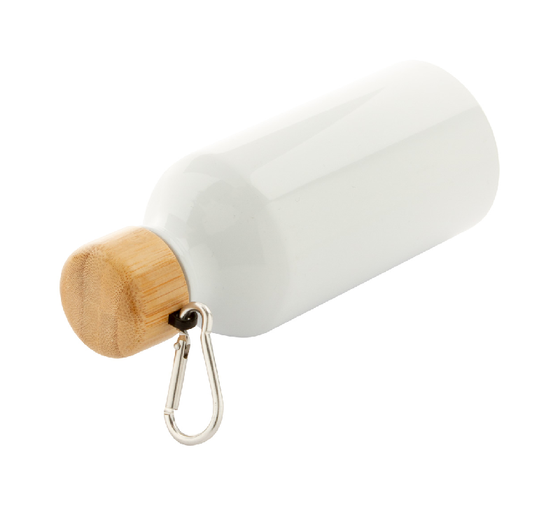 Bouteille en aluminium - 400 ml - Couvercle bambou et mousqueton - Couleur blanche_3