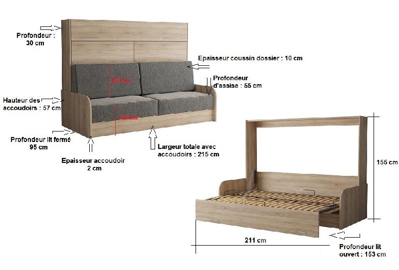 Armoire-lit escamotable VERTIGO SOFA - Accoudoirs chêne naturel - Canapé tissu gris - Couchage 140x200 cm_3