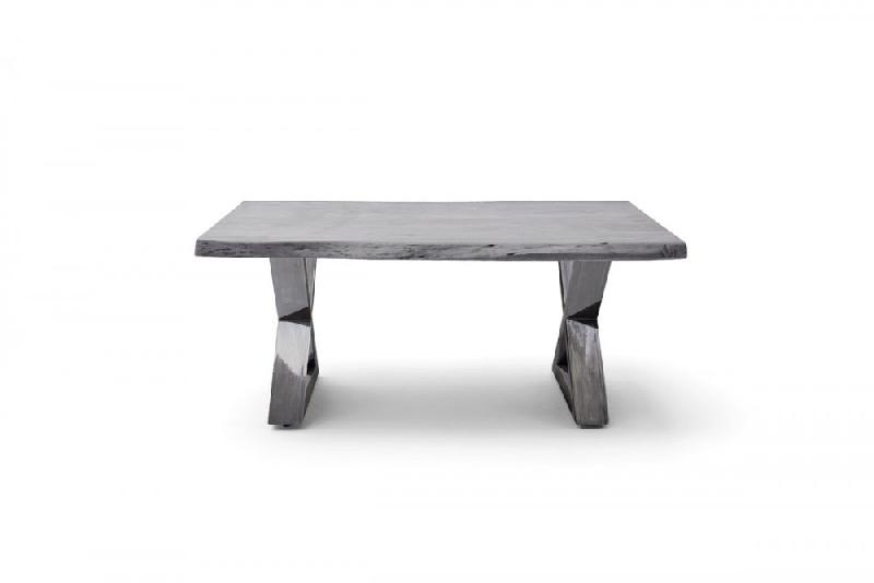Table basse CLAREN - Plateau en acacia massif laqué gris 110 cm - Piétement X acier finition vintage_3