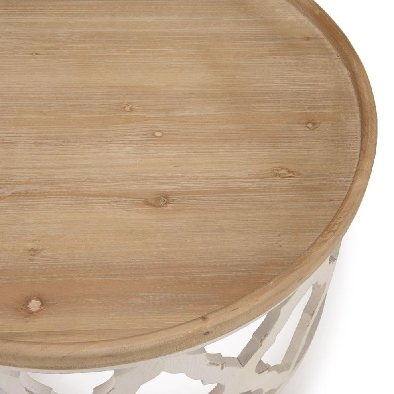 CORVIE - Table basse ronde avec plateau en bois naturel et piètement en métal blanc - Design graphique et raffiné_3