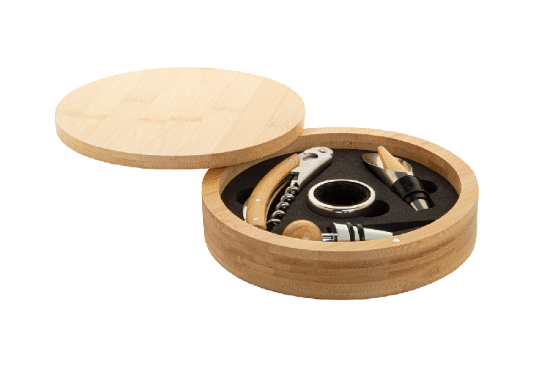 Set à vin - tire-bouchon, bouchon et embout en acier inoxydable avec boîte en bambou_3