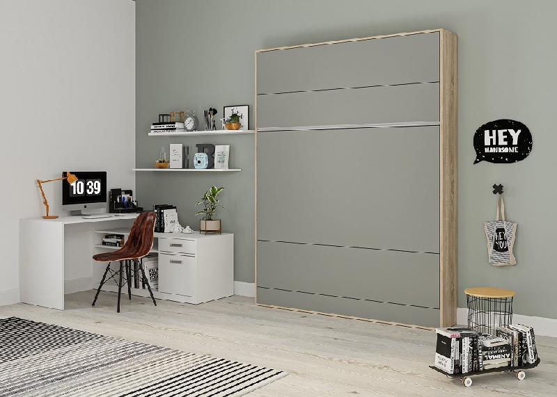 Armoire lit escamotable BERMUDES - structure chêne - façade gris - couchage 140x200 cm - ouverture assistée_3