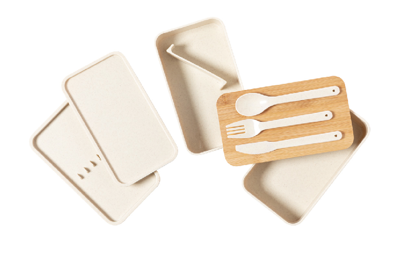 Boîte lunch en plastique PP - couvercle bambou - 2 compartiments de 700 ml avec set de couverts_3