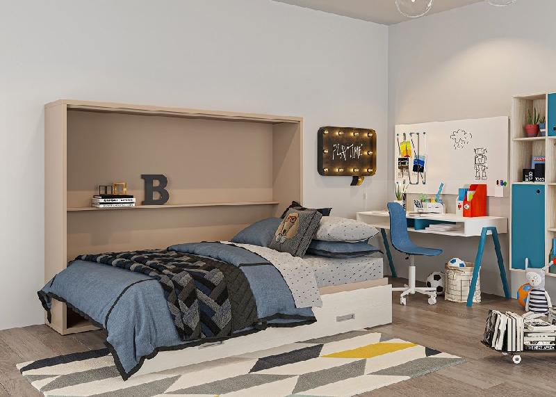 Armoire lit escamotable SKYROS 140x200 cm - structure beige et façade crème - ouverture transversale avec sommier à lattes_3