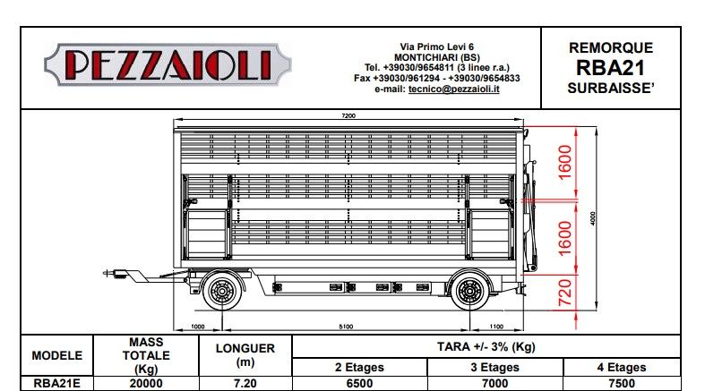RBA21-SR - Remorque bétaillère Carrozzeria Pezzaioli - Essieux jumelés fixes de 10 000 kg, châssis en aluminium anticorrosion_3