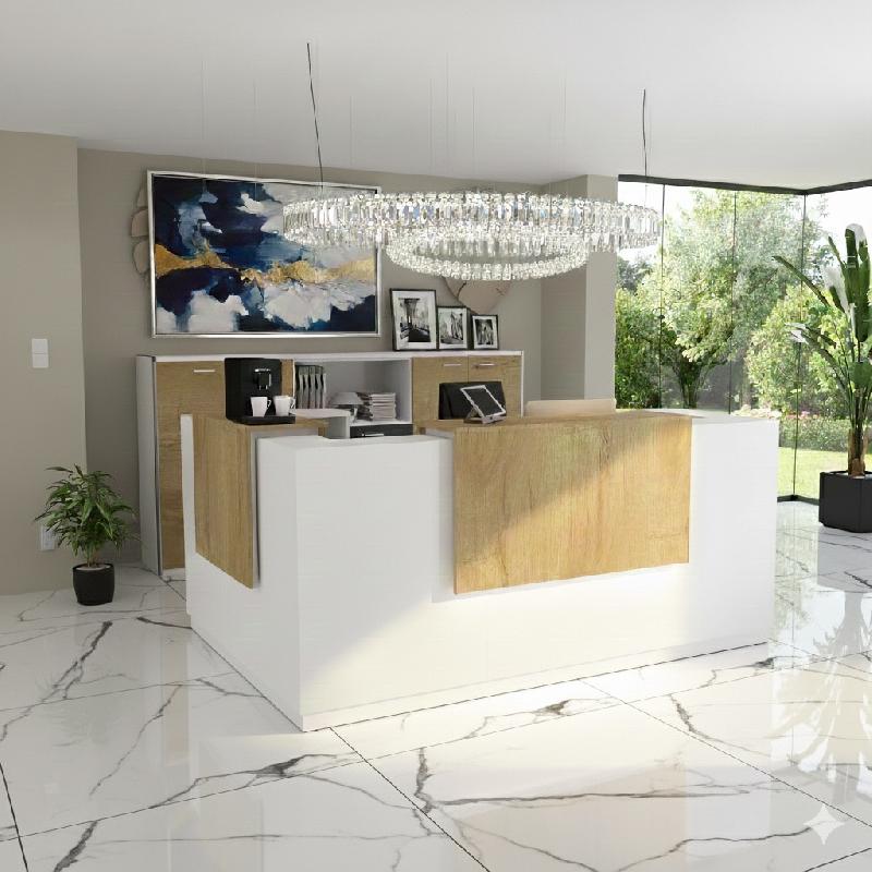 Comptoir d'accueil d'angle avec 2 réhausses Delta - Mobel Linea. - 184, Gauche, Blanc, Non, Chêne veiné_3