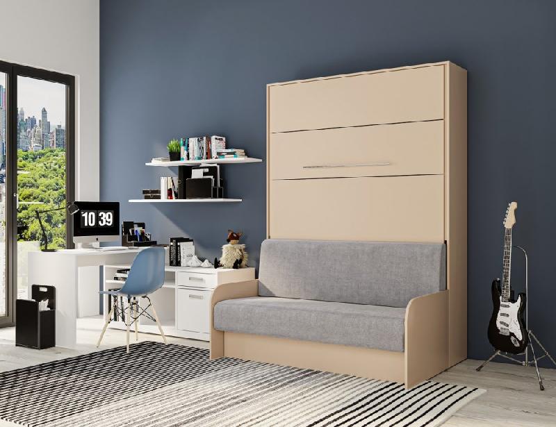 Armoire lit escamotable Sofa Automatica 140x200 cm avec canapé microfibre gris - Finition taupe_3