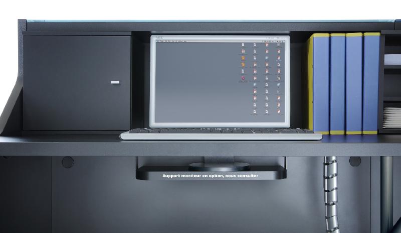 Banque d'accueil droite Linea façade Turquoise  - MDD - Support moniteur, Verre turquoise brillant_0
