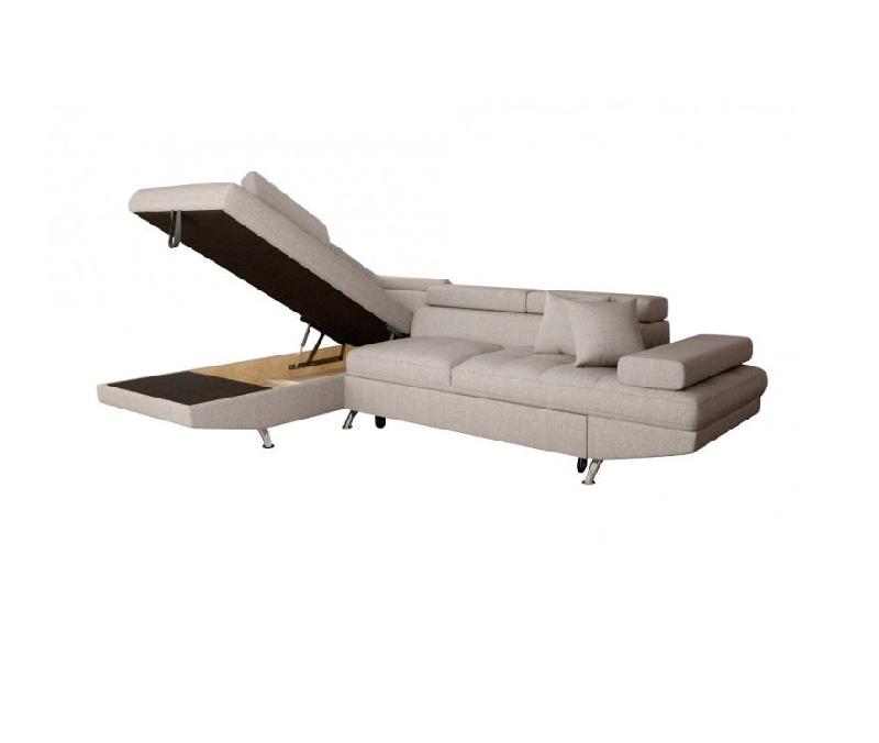 Canapé d'angle convertible avec méridienne gauche RINO beige - pieds métal - coffre de rangement - têtières réglables_3