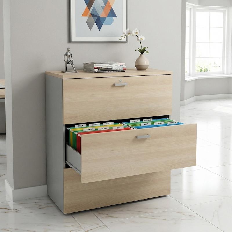 Armoire de Bureau : Classeur Professionnel 3 Tiroirs pour Dossiers Suspendus - 100, Gris aluminium, Acacia clair_3