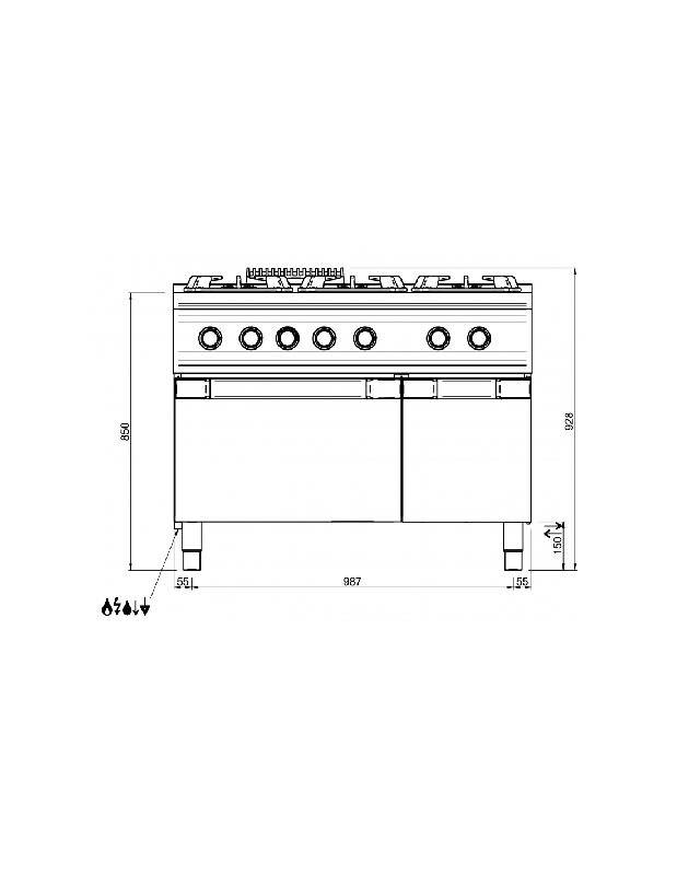 Fourneau 6 feux gaz - 7 kW sur four gaz GN 2/1 et placard - Acier inoxydable, brûleurs en fonte - MBM - DOMINA PRO 700_3