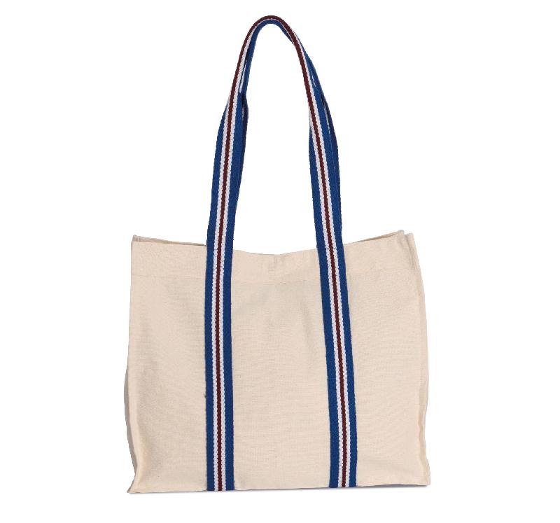 Sac shopping fashion en coton biologique - Anses rayées contrastées - Poche interne - Réf: KI0279_3