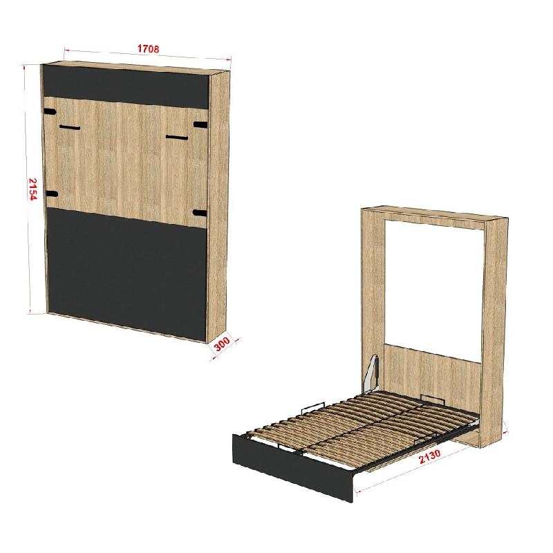 Lit escamotable industriel STUKEY - Chêne avec bandeaux et ferrures noir mat - 160 x 200 cm_3