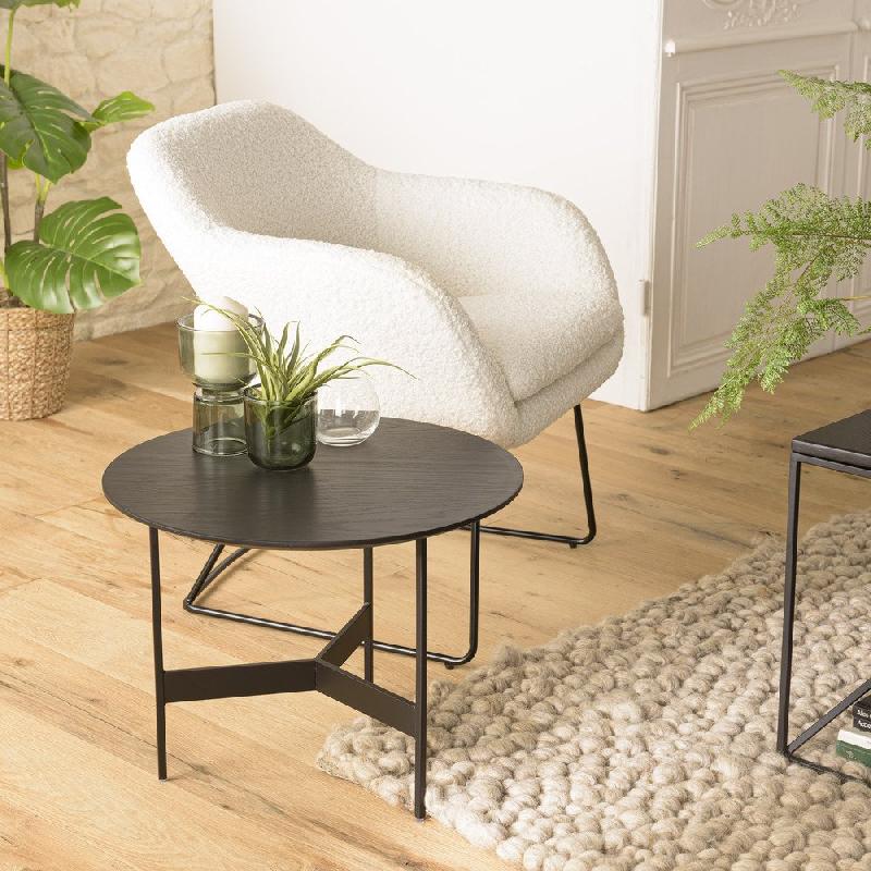 Table basse ronde noire DILA - 50 cm - Pieds métal - Structure MDF plaqué chêne_3
