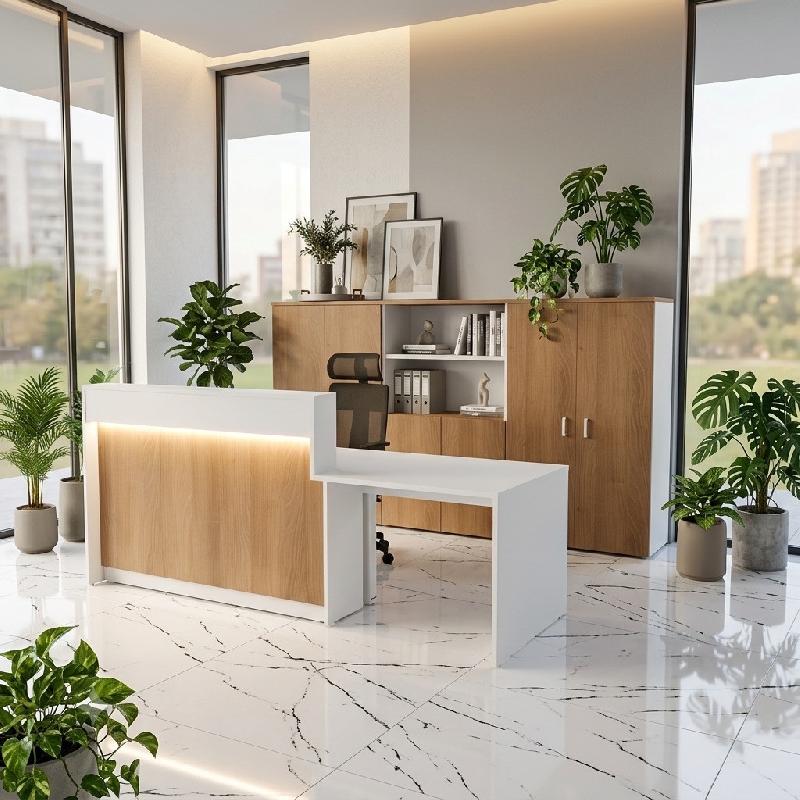 Bureau d'accueil PMR 1 personne Eira avec option LED - Mobel Linea - 222, Droite, Non, Blanc/ acacia foncé_3