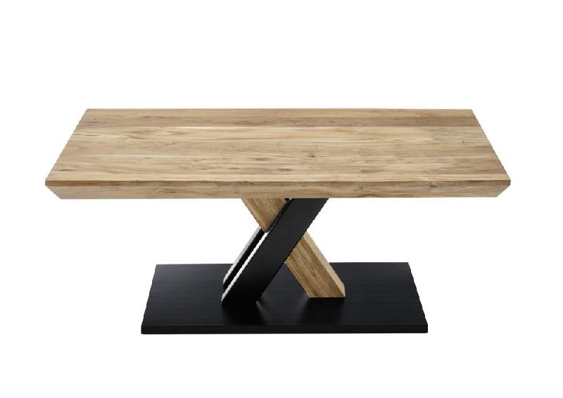 Table basse design Maverick - chêne sauvage acacia, piétement bicolor noir mat/acacia, roulettes intégrées_3