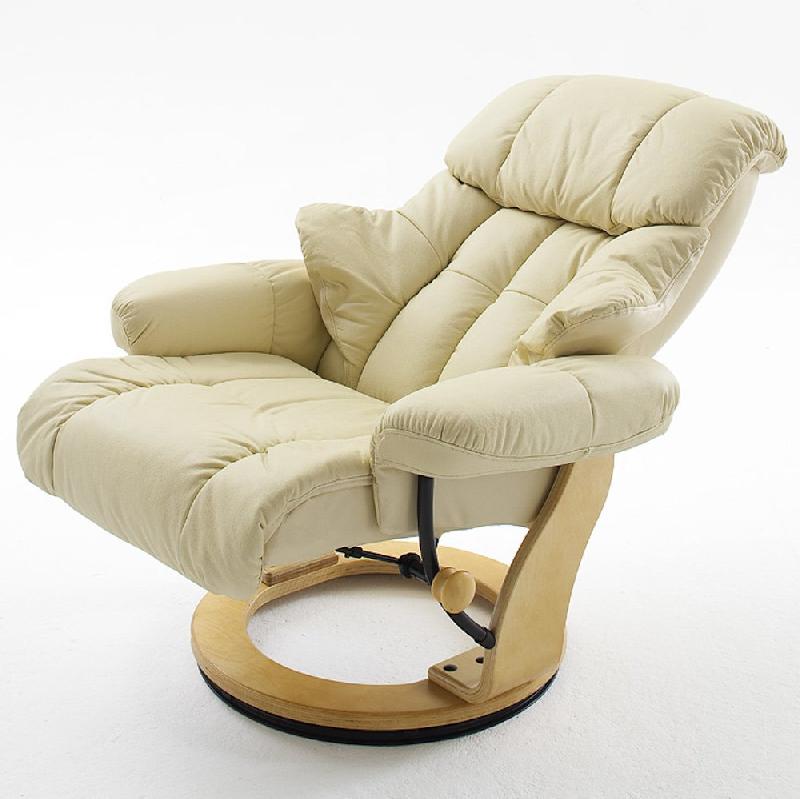 Fauteuil relax CLAIRAC - assise en cuir crème, pied en bois naturel, inclinable à 135° avec repose-pied_3