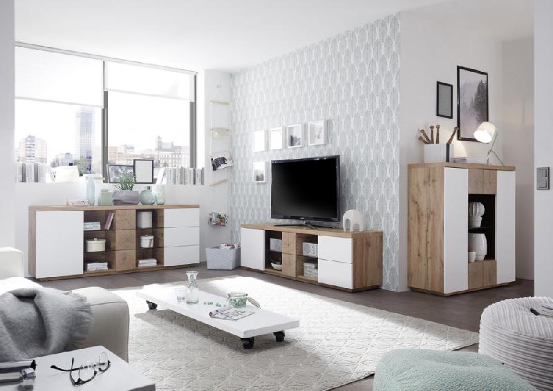 Buffet haut Herning 114 cm - laqué blanc mat et décor chêne noueux - 2 portes, 2 tiroirs, niche décorative_3