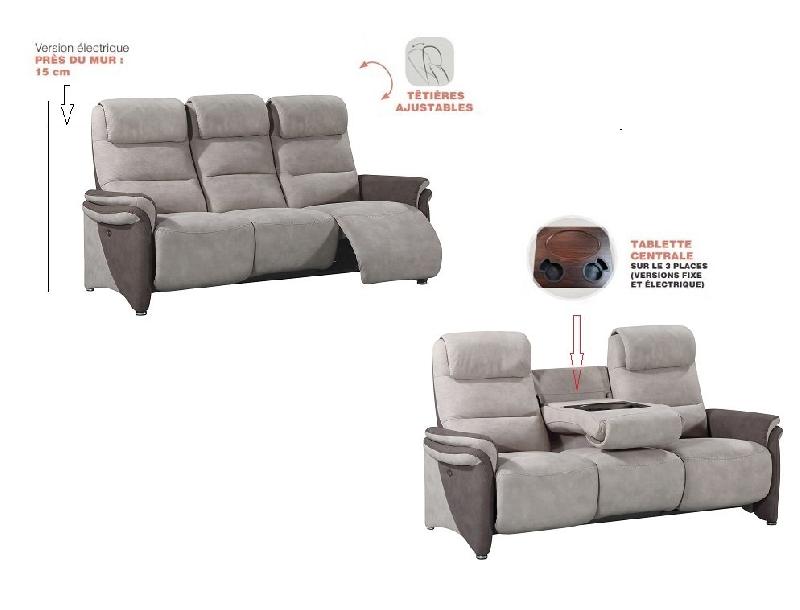 Canapé relax électrique 3 places ZILIA - Microfibre mastic et brun taupé avec têtières ajustables et tablette centrale_3