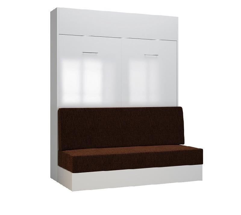 Composition lit escamotable Dynamo Sofa - Façade blanc brillant effet miroir - Canapé marron 3 places - Couchage 160x200 cm - Dimensions 371x100 cm_3