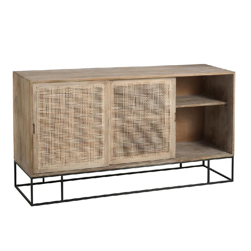 Buffet Sorah 3 portes - Bois de manguier et rotin - Style industriel avec piétement en métal noir_3