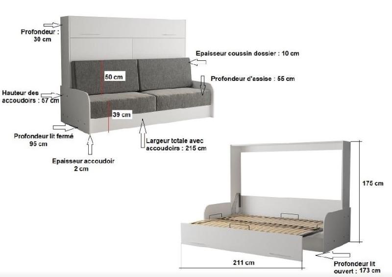 Armoire-lit escamotable Vertigo Sofa - structure avec accoudoirs blancs et tissu gris - couchage 160x200 cm_3