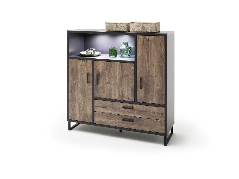 Buffet haut HALTON - 2 tiroirs, 3 portes, 1 niche avec LED - décor chêne gris cosmos_3