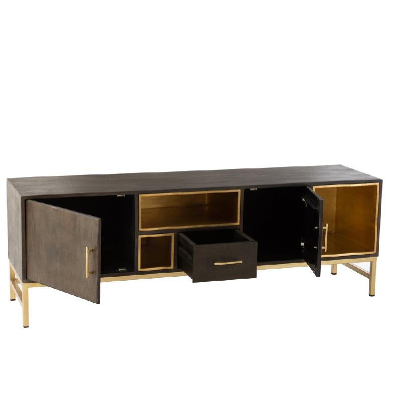 Buffet bas design DASY - 2 portes, 3 niches rétractables en manguier massif et métal doré - 180 cm_3
