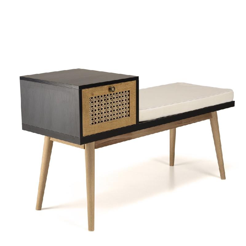 Banc Caline noir avec 1 tiroir effet cannage - structure en aggloméré mélaminé et contreplaqué - assise avec coussin déhoussable_3