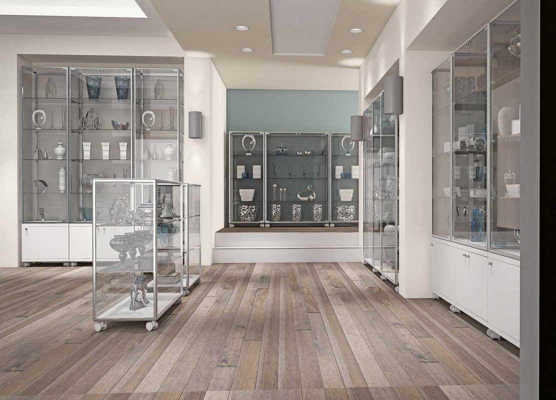 Comptoir vitrine en verre trempé sécurit avec serrure - aluminium blanc - L 71 x P 37 x H 90 cm - sur roulettes_3