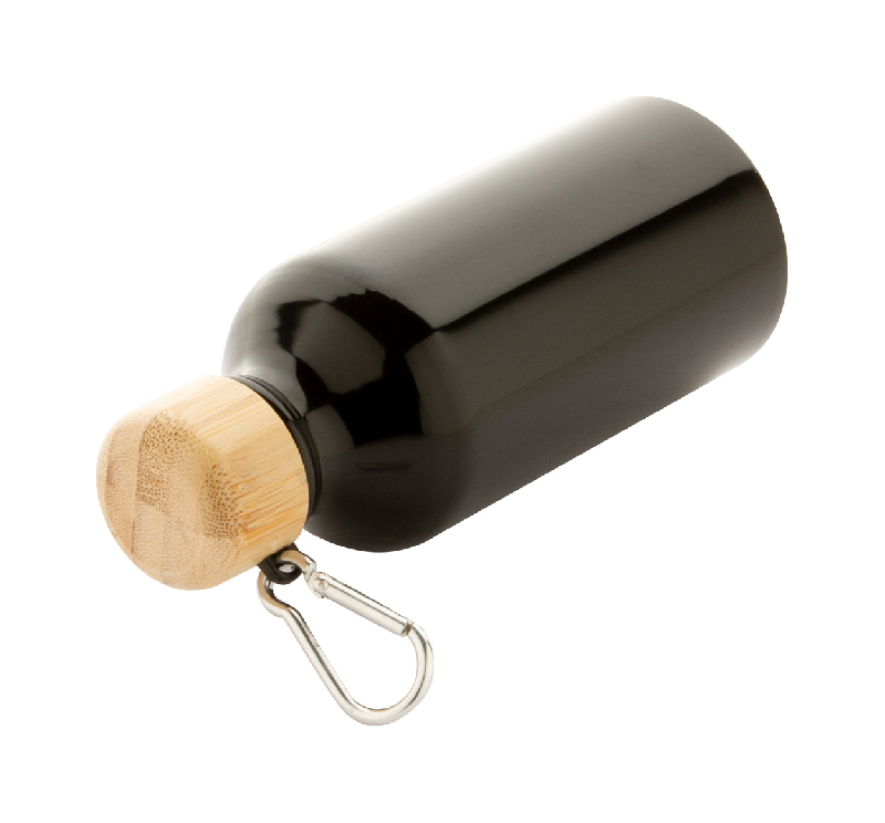 Bouteille en aluminium - 400 ml - avec couvercle en bambou et mousqueton - couleur noire_3