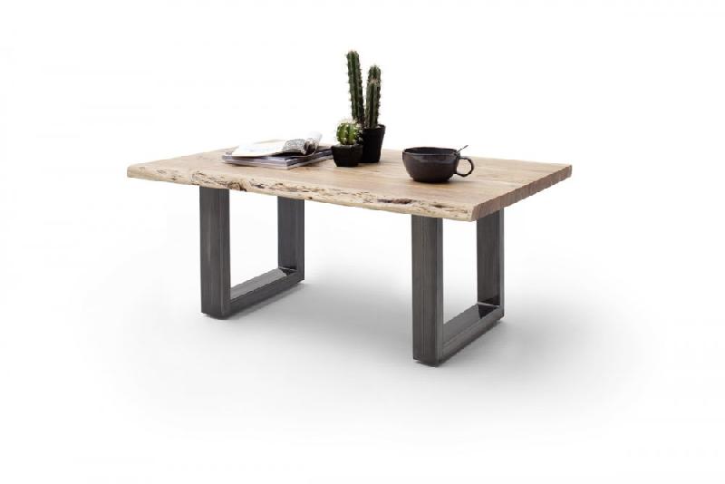 Table basse Clarén - plateau 110 cm en acacia massif naturel laqué - piétement U en acier finition vintage_3