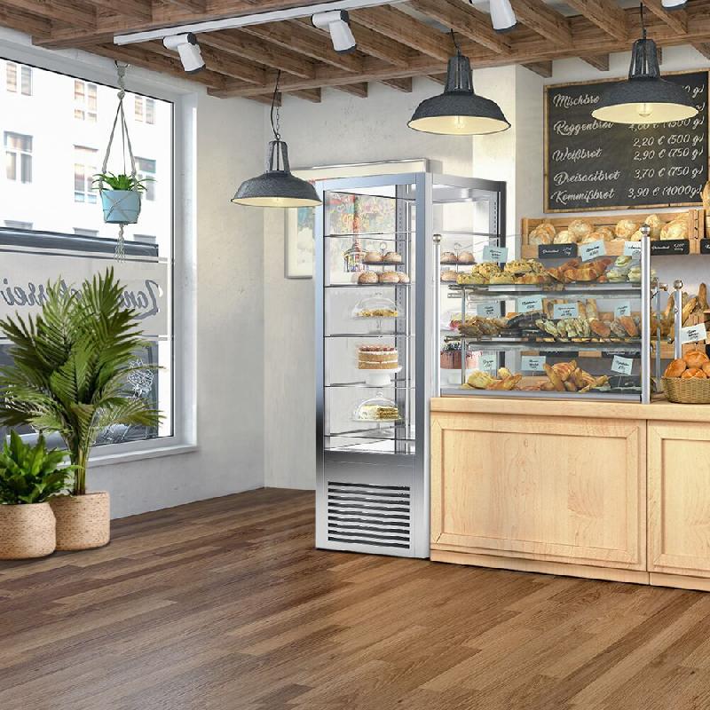 Vitrine réfrigérée à pâtisserie sur roulettes avec 4 côtés vitrés et 5 étagères - couleur argent_3