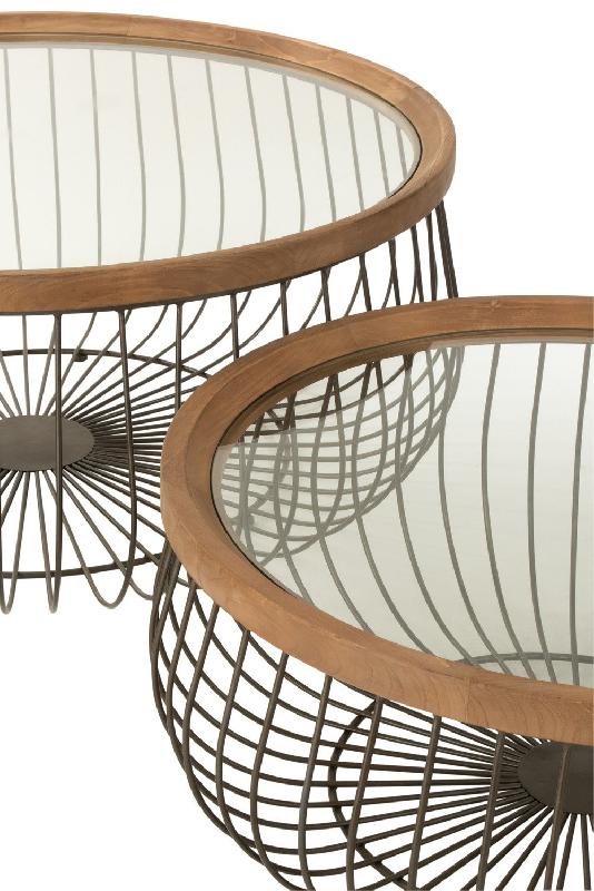 Set de 2 tables basses rondes Tazzy - Bois massif, verre trempé et métal - Dimensions L100xH43xP100 & L80xH35xP80_3