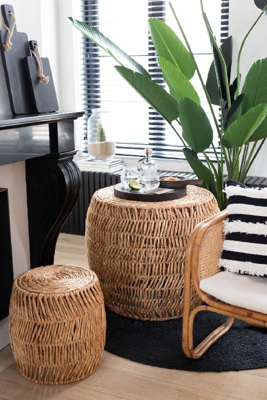 Set table basse ronde NEA avec 2 tabourets en jacinthe d'eau naturelle - style bohème_3