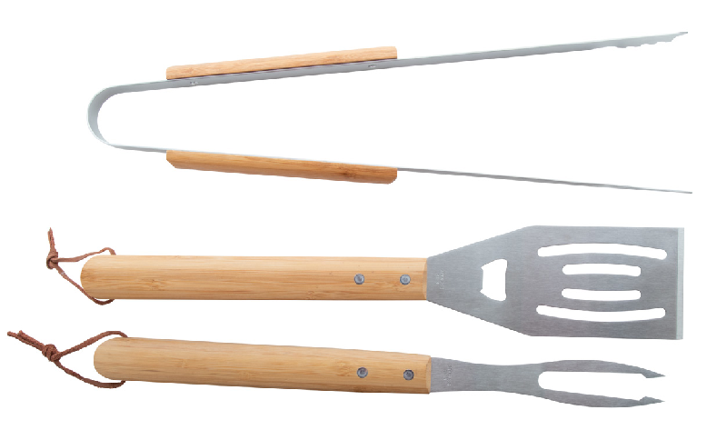 Set de barbecue 3 pièces en acier inoxydable avec manches en bambou - Coffret aluminium aspect bambou_3