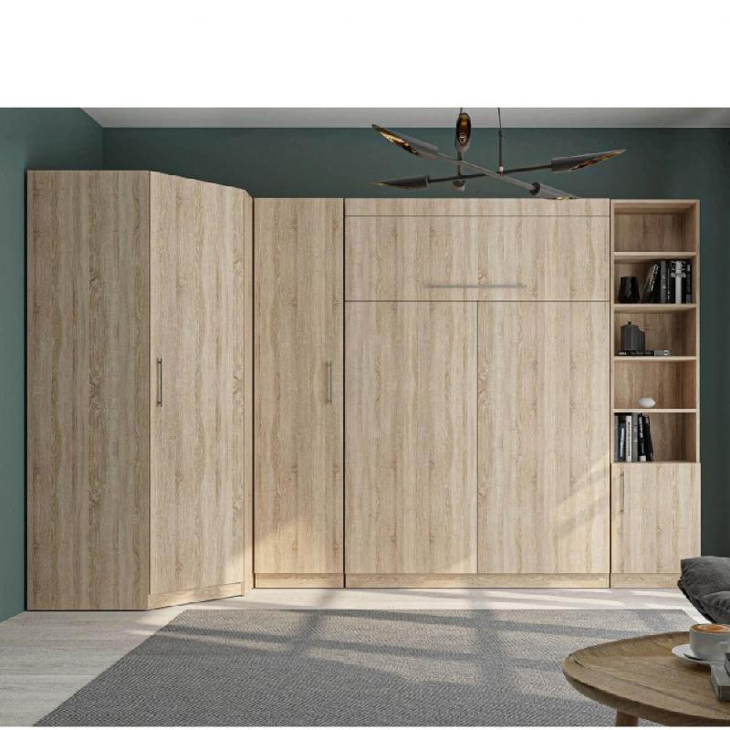 Composition armoire lit escamotable d'angle Lutecia - Chêne naturel - 350x100 cm - Couchage 140x190 cm - Rangements intégrés_3
