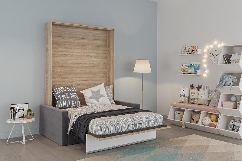 Armoire lit escamotable DJUKE SOFA - Chêne avec bandeau blanc mat - Canapé gris - Couchage 140x200 cm_3