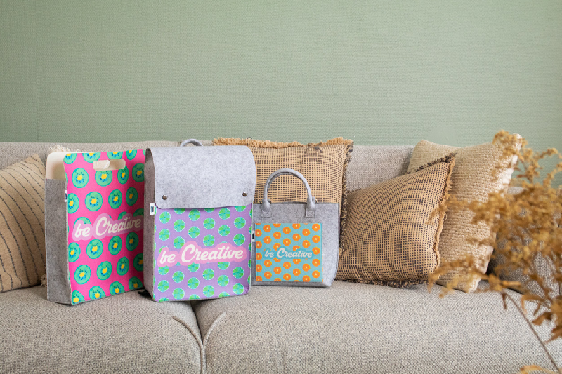 Sac à provisions en feutre RPET personnalisable - Impression quadri sur le devant et le dos - Avec poignées découpées, soufflet et étiquette RPET_3