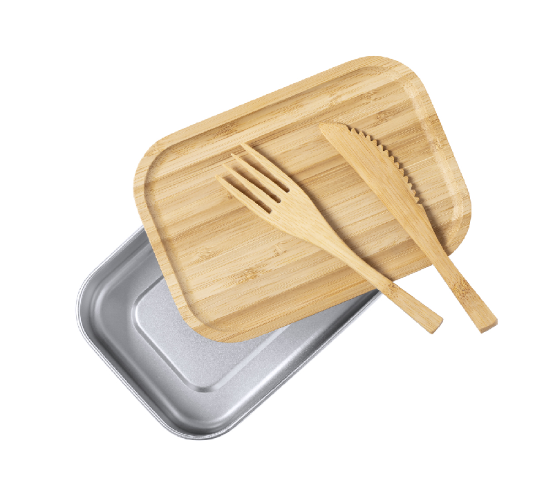 Lunch box en acier inoxydable - couvercle en bambou naturel - 600 ml avec couverts inclus_3