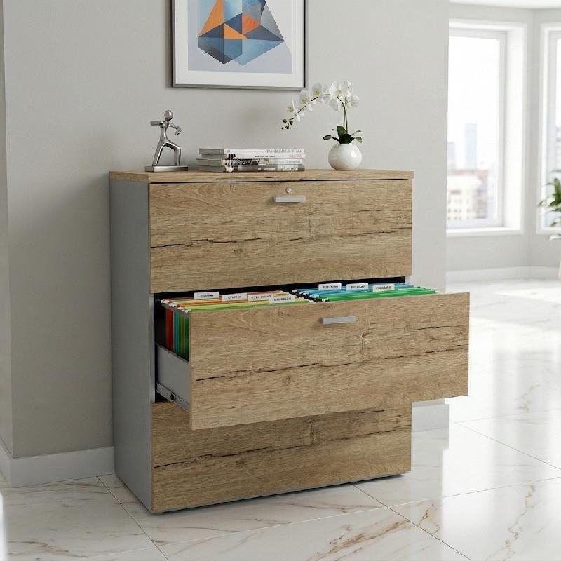 Armoire de Bureau : Classeur Professionnel 3 Tiroirs pour Dossiers Suspendus - 80, Gris aluminium, Chêne veiné_3