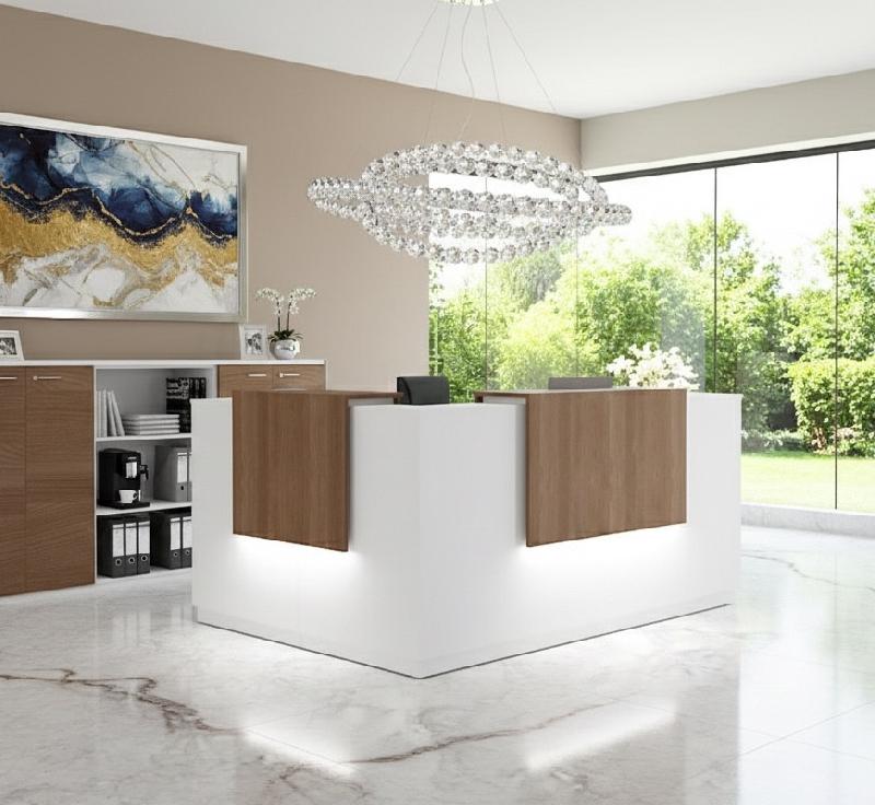 Comptoir d'accueil d'angle avec 2 réhausses Delta - Mobel Linea. - 184, Gauche, Blanc, Oui, Acacia foncé_3