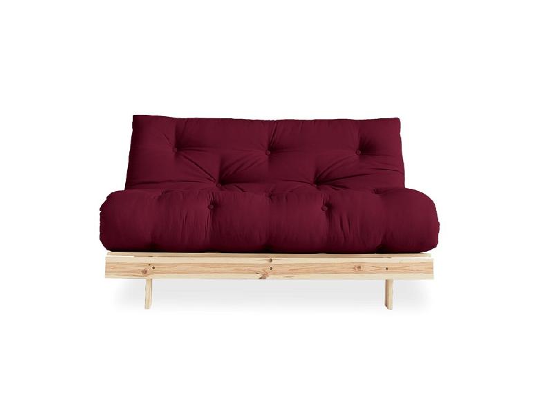 Canapé convertible futon ROOTS - Pin naturel - Tissu bordeaux - Couchage 160x200 cm - Design japonais et scandinave_3