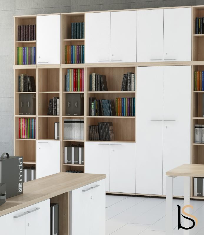 Armoire bibliothèque avec portes basses - MDD - Blanc, Avec socle de finition_3