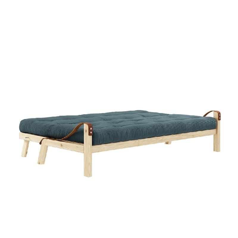 Banquette futon Poetry en pin massif bleu pâle avec accoudoirs en cuir - Couchage 130 x 190 cm_3