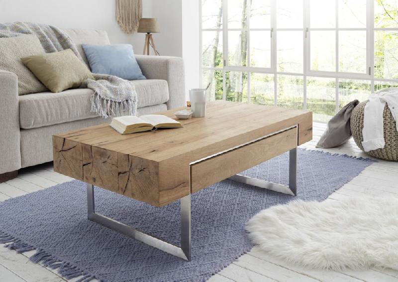 Table basse BATEO - 110 x 60 cm - Plateau chêne huilé - 1 tiroir - Piétement acier brossé_3