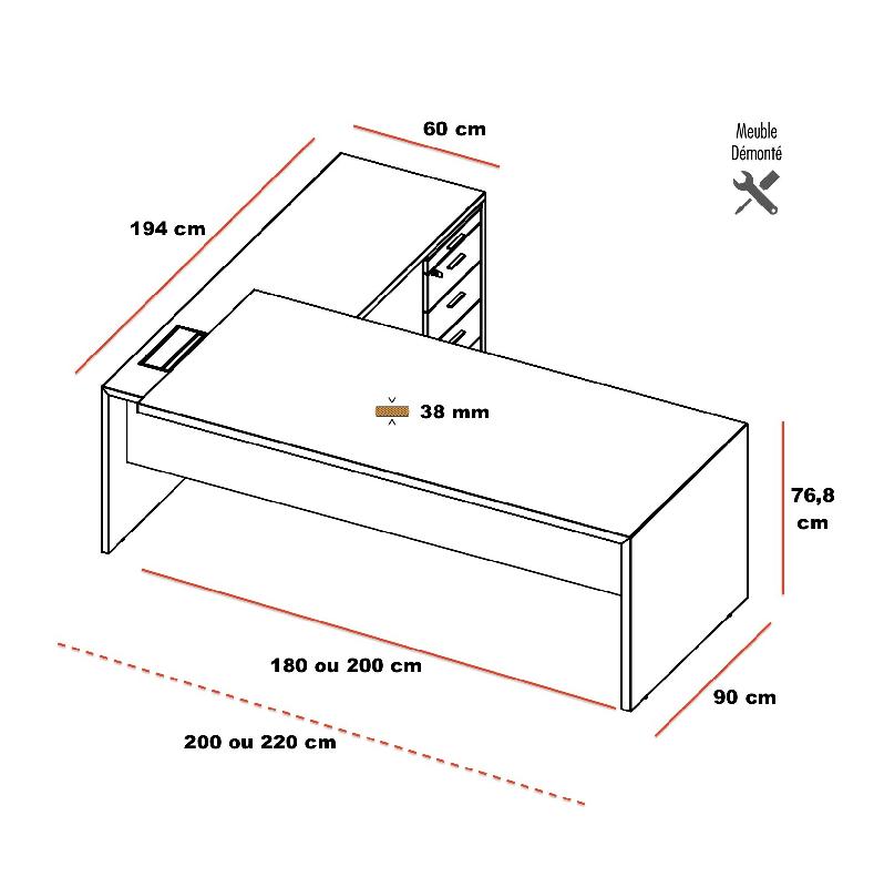 Bureau d'angle T45 avec caisson - Quadrifoglio. - 200, Noyer canaletto, Droite_3