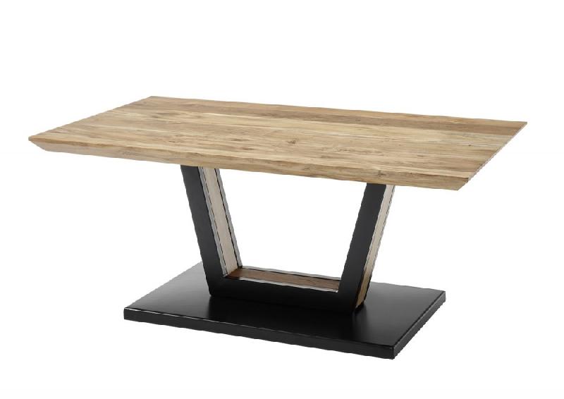 Table basse design Beford en chêne acacia - plateau laqué naturel - piétement métal noir mat avec roulettes_3